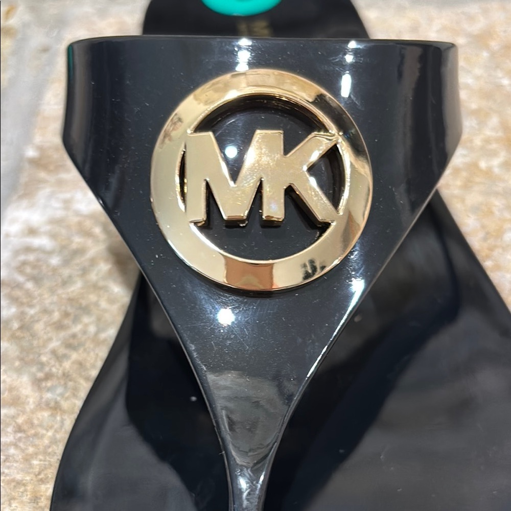 NEW Michael Kors, Lillie Black and Gold MK Logo Sandals - Picture 2 of 5